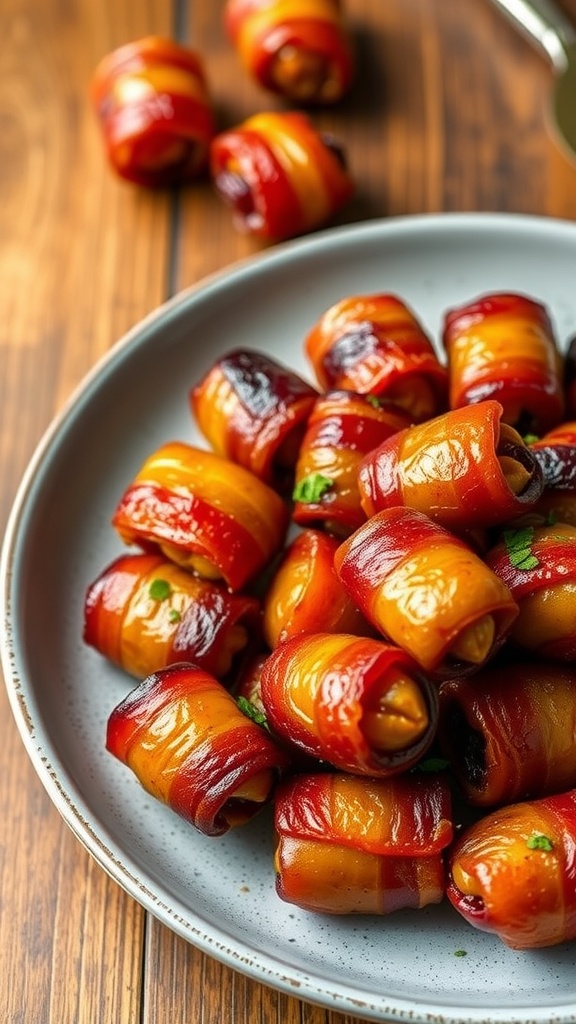 A platter of crispy bacon-wrapped dates, garnished with herbs, ready to be served.